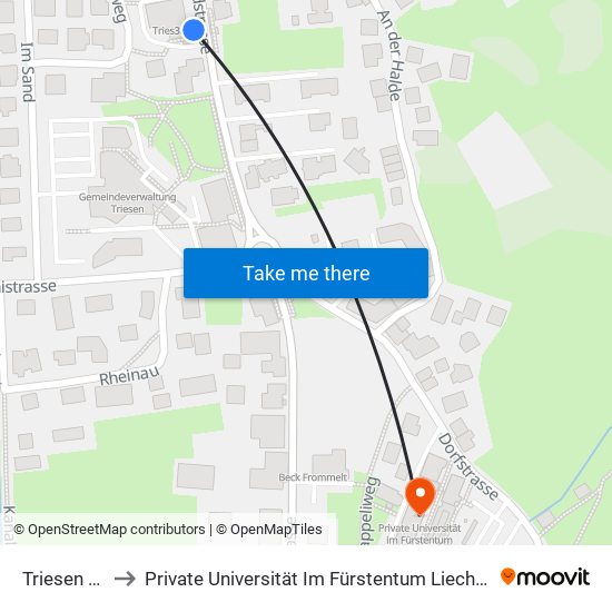 Triesen Post to Private Universität Im Fürstentum Liechtenstein (Ufl) map