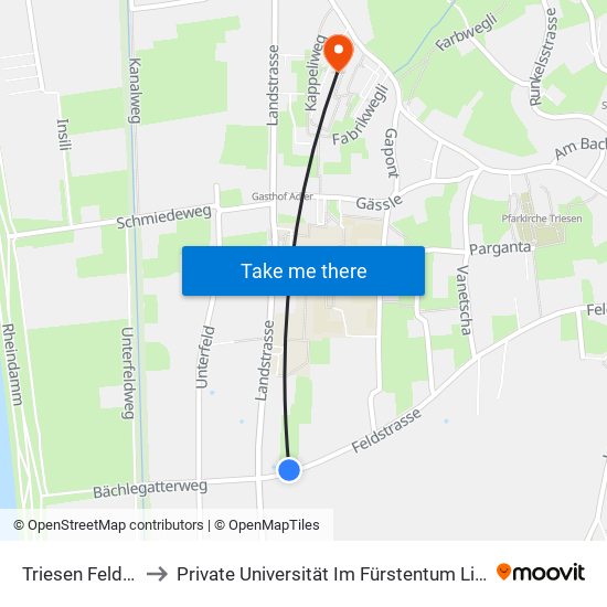 Triesen Feldstrasse to Private Universität Im Fürstentum Liechtenstein (Ufl) map