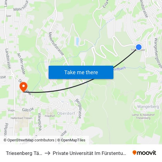 Triesenberg Täscherloch to Private Universität Im Fürstentum Liechtenstein (Ufl) map