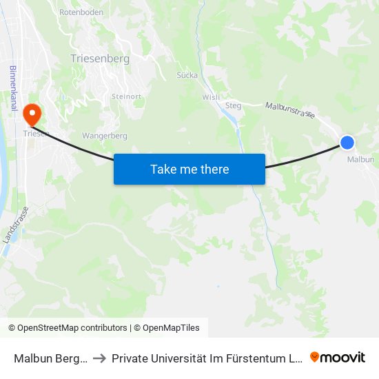 Malbun Bergbahnen to Private Universität Im Fürstentum Liechtenstein (Ufl) map