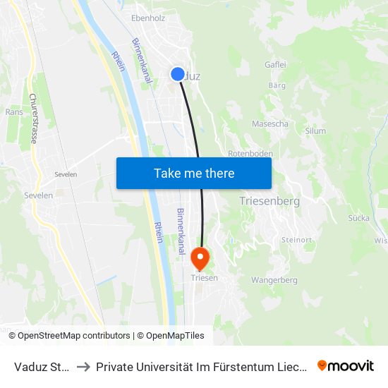 Vaduz Städtle to Private Universität Im Fürstentum Liechtenstein (Ufl) map