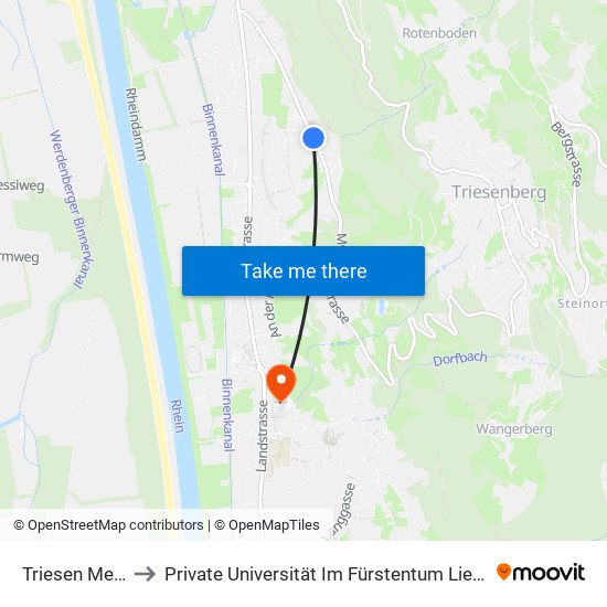 Triesen Meierhof to Private Universität Im Fürstentum Liechtenstein (Ufl) map