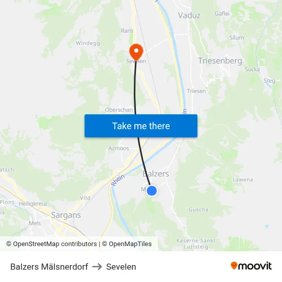 Balzers Mälsnerdorf to Sevelen map