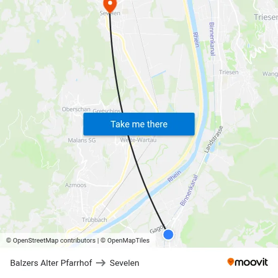 Balzers Alter Pfarrhof to Sevelen map