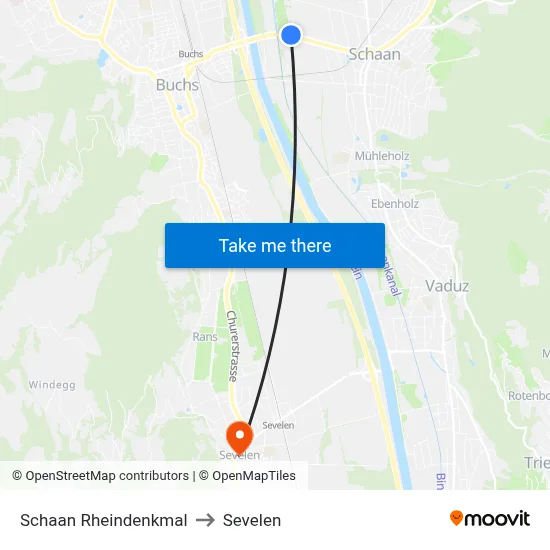 Schaan Rheindenkmal to Sevelen map