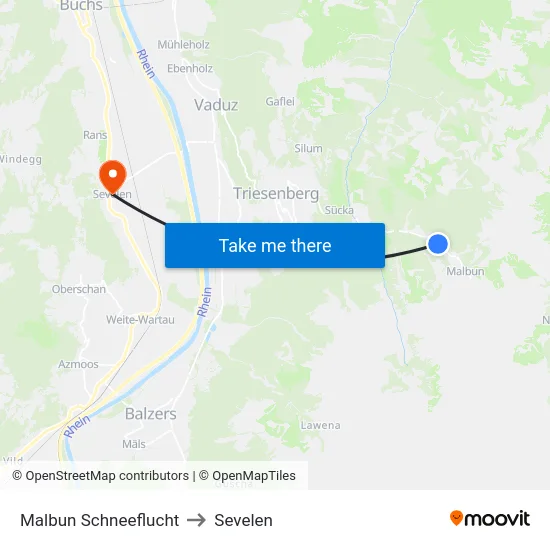 Malbun Schneeflucht to Sevelen map