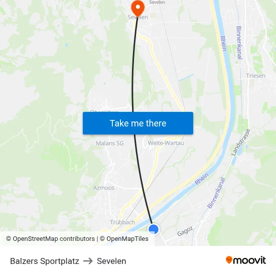 Balzers Sportplatz to Sevelen map
