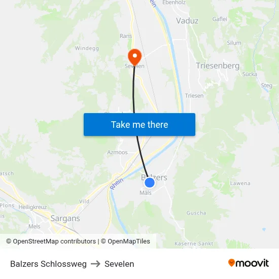 Balzers Schlossweg to Sevelen map