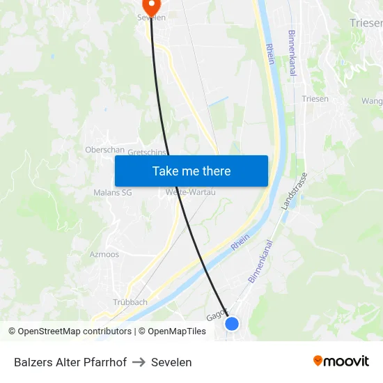Balzers Alter Pfarrhof to Sevelen map