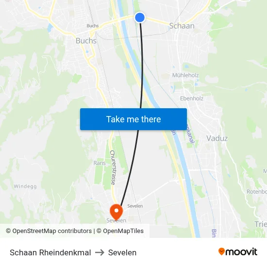 Schaan Rheindenkmal to Sevelen map