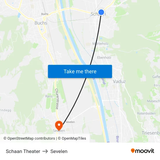 Schaan Theater to Sevelen map