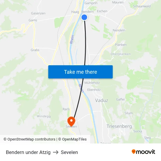 Bendern under Atzig to Sevelen map