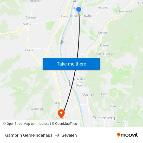 Gamprin Gemeindehaus to Sevelen map