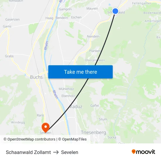 Schaanwald Zollamt to Sevelen map