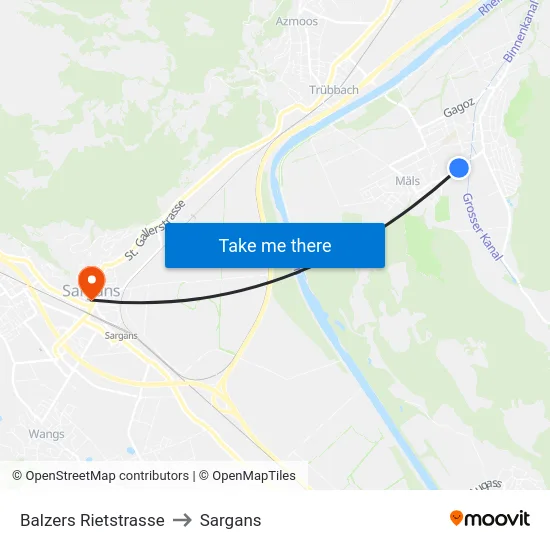 Balzers Rietstrasse to Sargans map