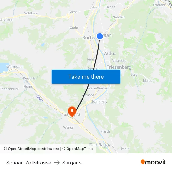 Schaan Zollstrasse to Sargans map