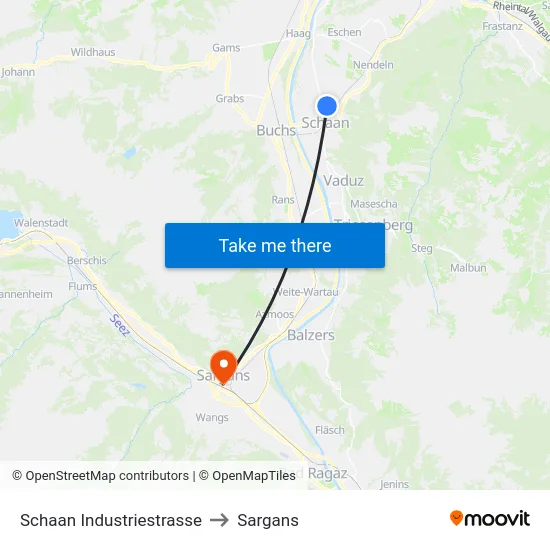 Schaan Industriestrasse to Sargans map