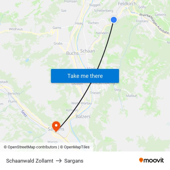 Schaanwald Zollamt to Sargans map