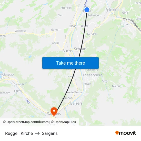 Ruggell Kirche to Sargans map