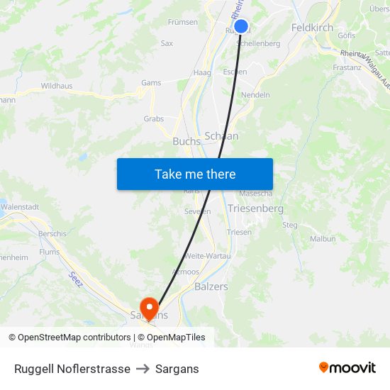 Ruggell Noflerstrasse to Sargans map