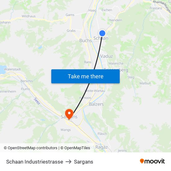 Schaan Industriestrasse to Sargans map