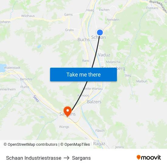 Schaan Industriestrasse to Sargans map