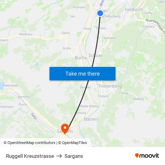 Ruggell Kreuzstrasse to Sargans map