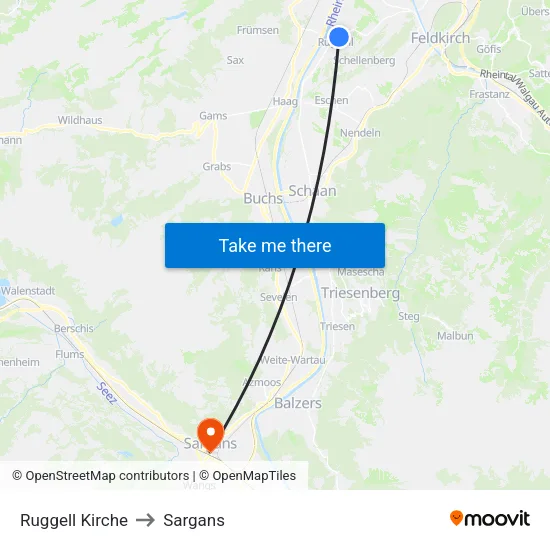 Ruggell Kirche to Sargans map