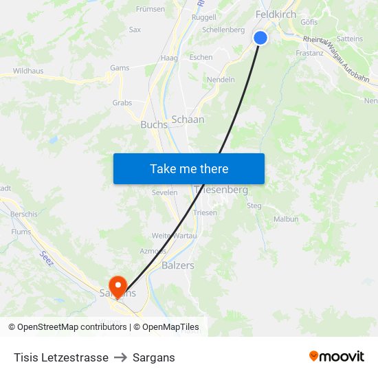 Tisis Letzestrasse to Sargans map