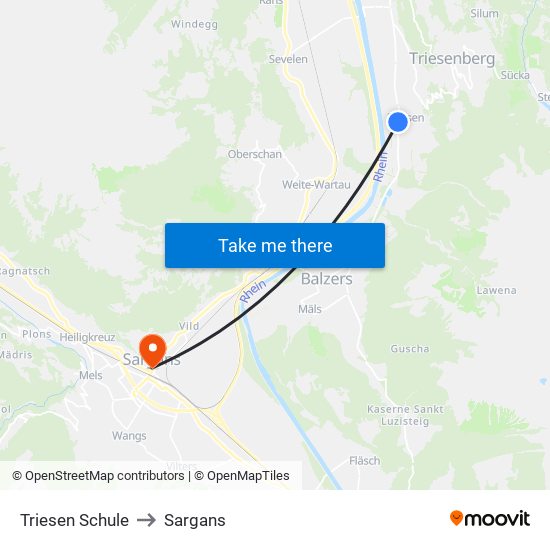 Triesen Schule to Sargans map