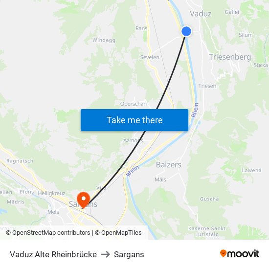 Vaduz Alte Rheinbrücke to Sargans map