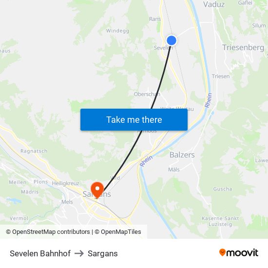 Sevelen Bahnhof to Sargans map