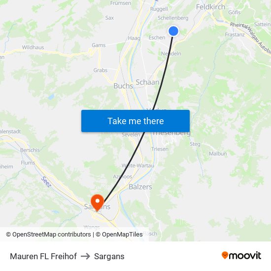 Mauren FL Freihof to Sargans map