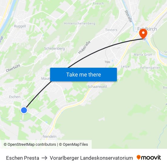 Eschen Presta to Vorarlberger Landeskonservatorium map