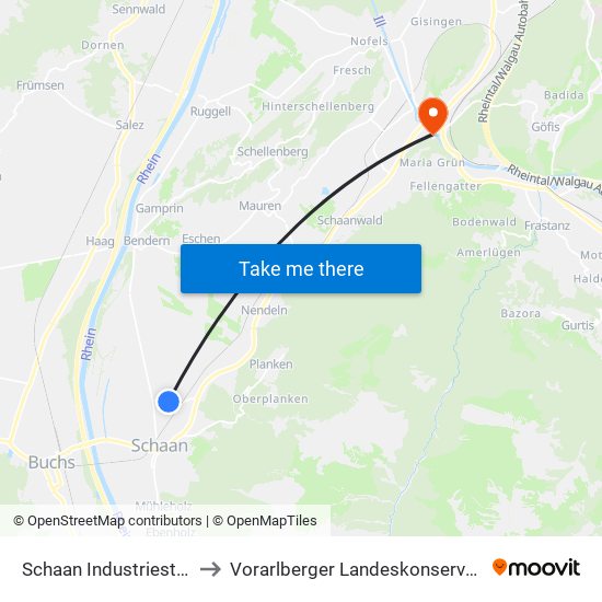 Schaan Industriestrasse to Vorarlberger Landeskonservatorium map