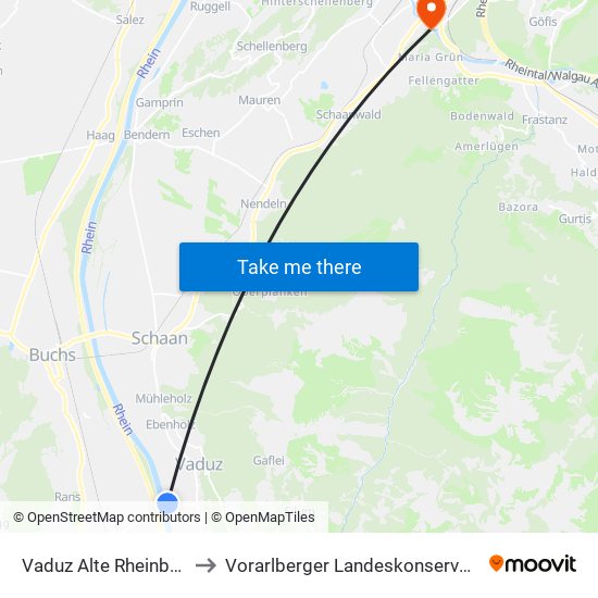 Vaduz Alte Rheinbrücke to Vorarlberger Landeskonservatorium map