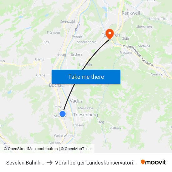 Sevelen Bahnhof to Vorarlberger Landeskonservatorium map