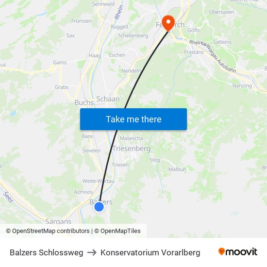 Balzers Schlossweg to Konservatorium Vorarlberg map