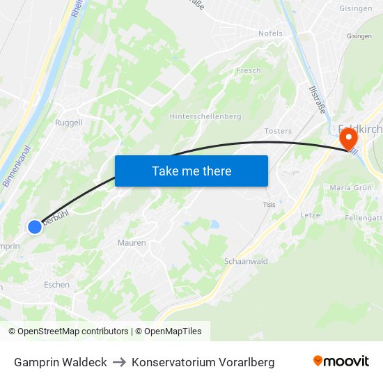 Gamprin Waldeck to Konservatorium Vorarlberg map