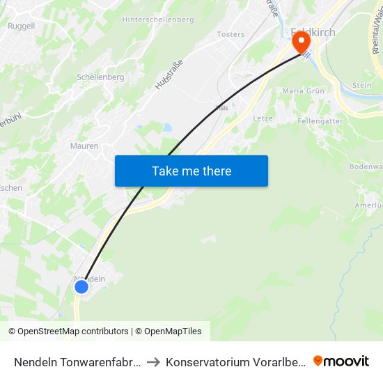 Nendeln Tonwarenfabrik to Konservatorium Vorarlberg map