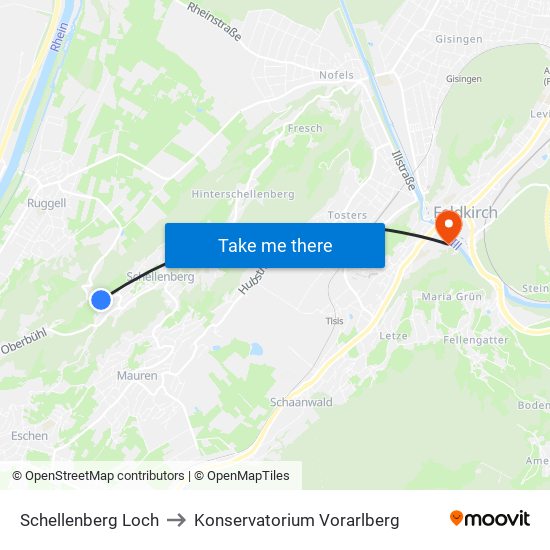 Schellenberg Loch to Konservatorium Vorarlberg map