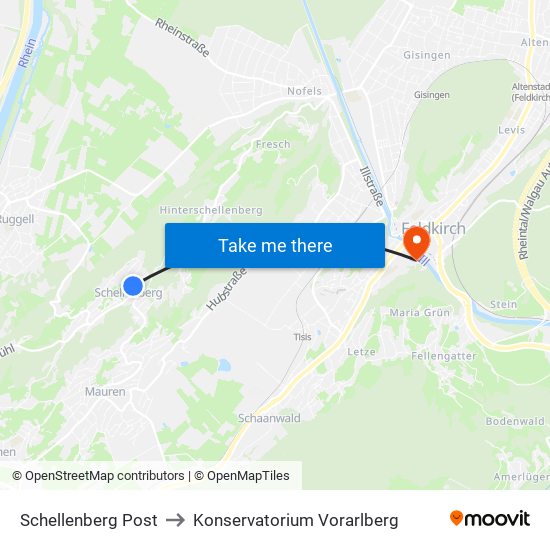 Schellenberg Post to Konservatorium Vorarlberg map