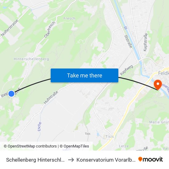 Schellenberg Hinterschloss to Konservatorium Vorarlberg map