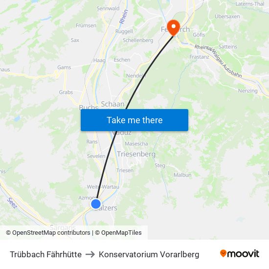 Trübbach Fährhütte to Konservatorium Vorarlberg map