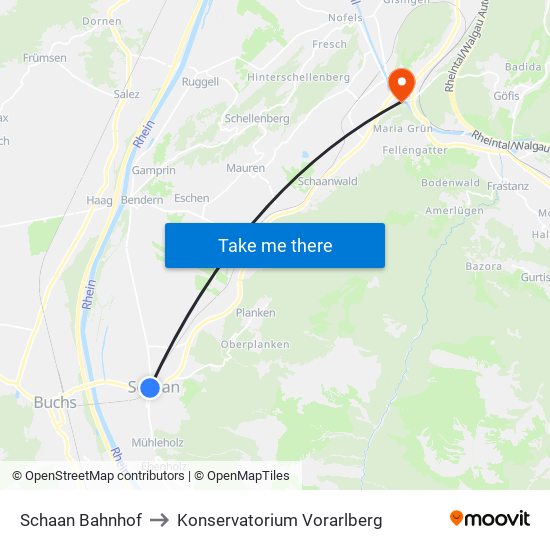 Schaan Bahnhof to Konservatorium Vorarlberg map