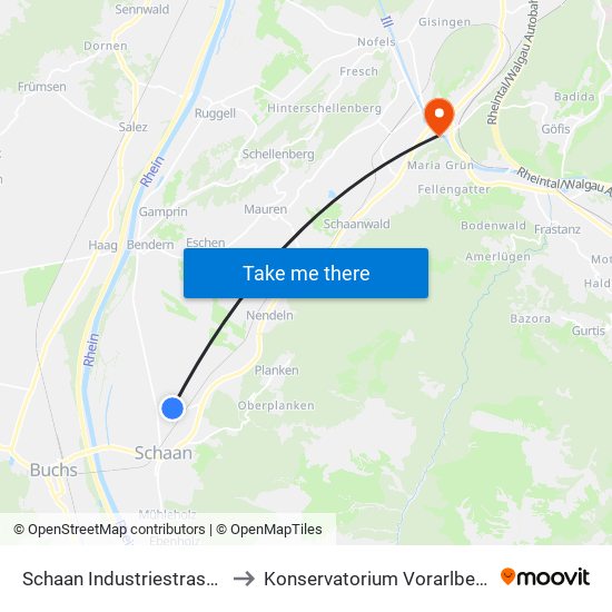 Schaan Industriestrasse to Konservatorium Vorarlberg map