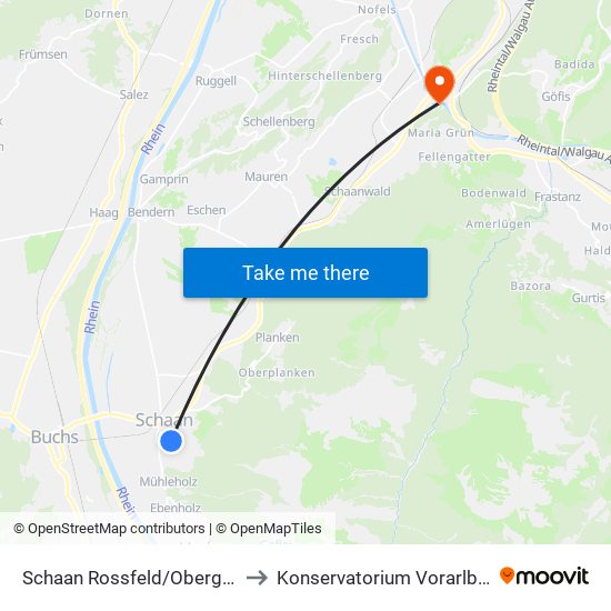 Schaan Rossfeld/Obergass to Konservatorium Vorarlberg map