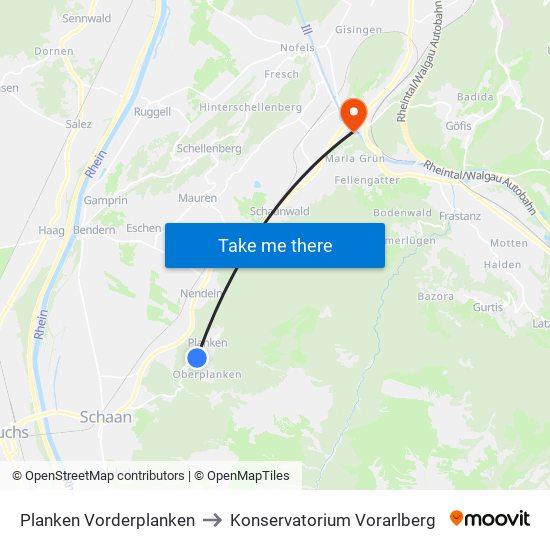 Planken Vorderplanken to Konservatorium Vorarlberg map