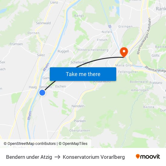 Bendern under Atzig to Konservatorium Vorarlberg map
