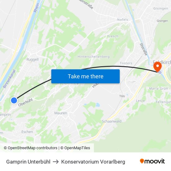 Gamprin Unterbühl to Konservatorium Vorarlberg map